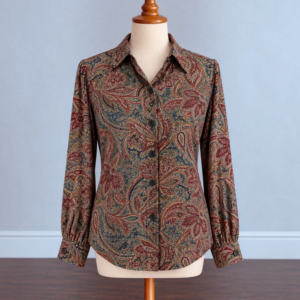 Vintage 90s Evan Picone Silk Paisley Button Down Shirt Women 12 Blouse
